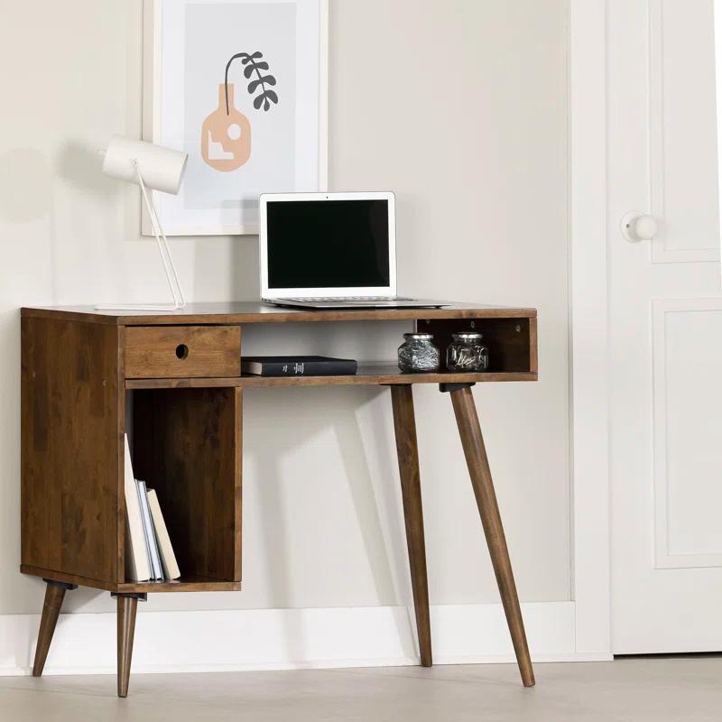 Natural Walnut Compact Computer Desk with Drawer