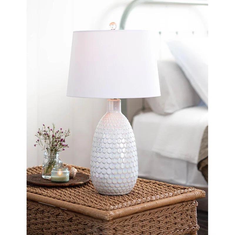 Pearlized White Ceramic Table Lamp with Linen Shade and Polished Nickel Accents