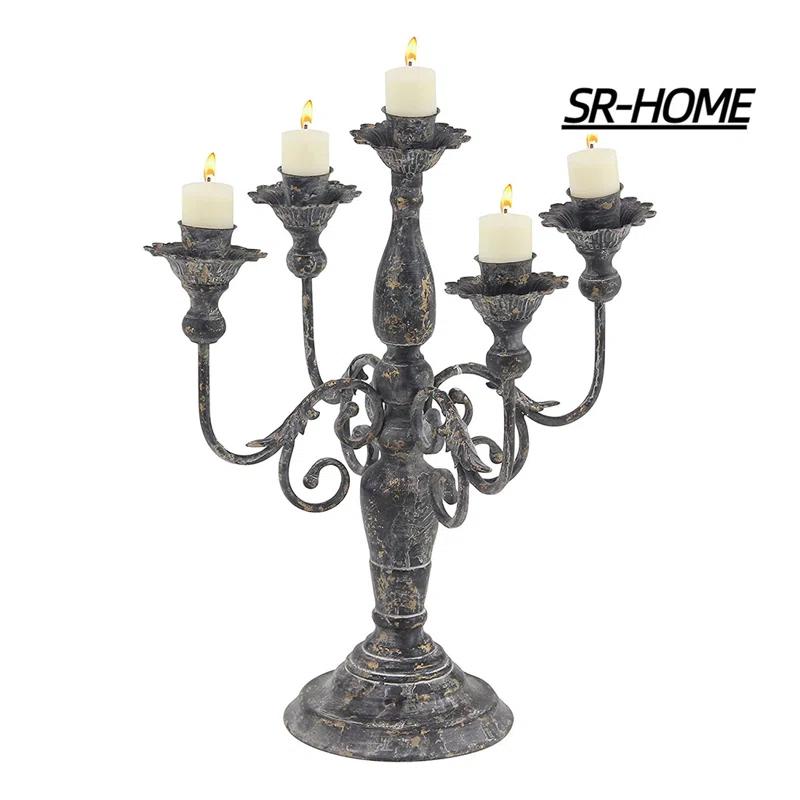 Vintage Gray Metal 5-Light Tabletop Candelabra, 16" x 19"