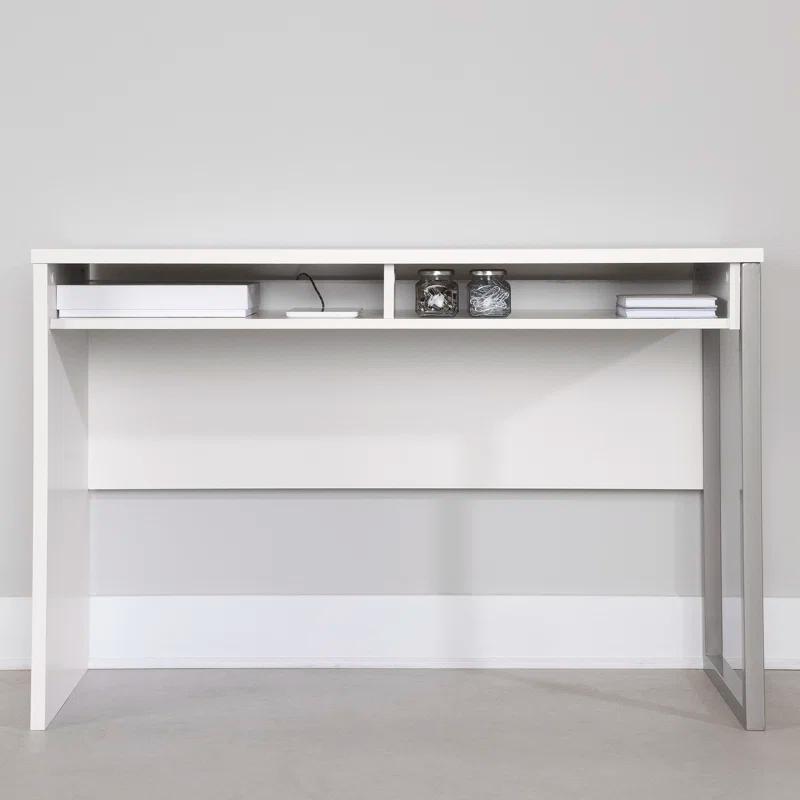 Pure White Contemporary Writing Desk with Metal Support and Filing Cabinet