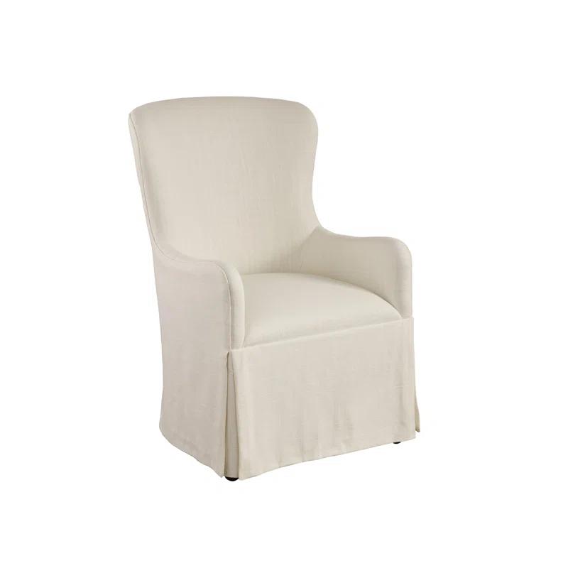 Mid-Century Modern White Linen Upholstered Wood Armchair