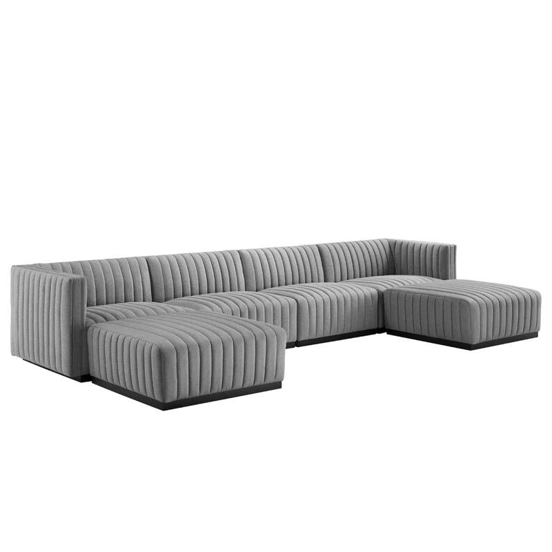 Elegant Tufted Faux Leather 6-Piece Sectional Sofa in Black and Light Gray