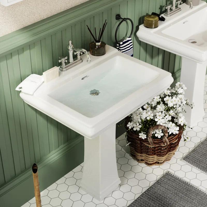 Elegant Apex White Ceramic 34" Rectangular Pedestal Sink with Overflow