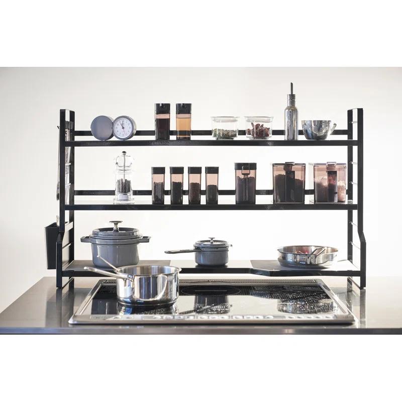 Modern Black Steel Countertop Kitchen Shelf with Gray Trivet Pads
