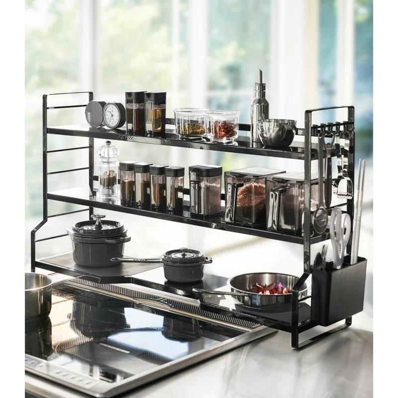 Modern Black Steel Countertop Kitchen Shelf with Gray Trivet Pads