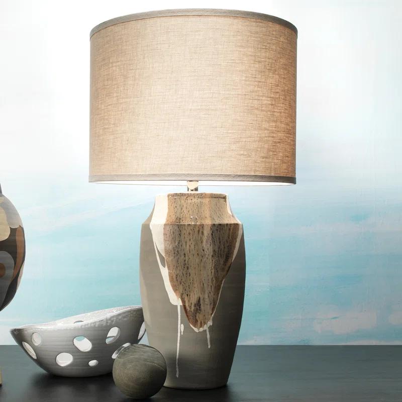 Matte Grey Ceramic Table Lamp with Beige/White Drip and Linen Shade