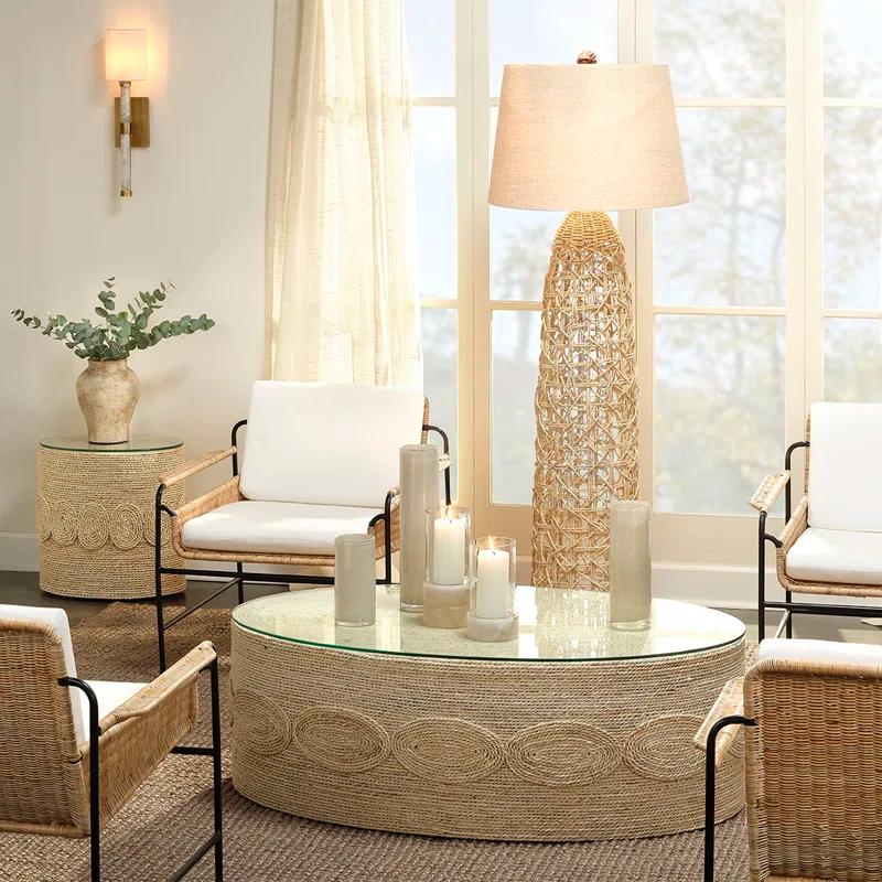 Kauai 73.5'' Natural Hand-Woven Corn Rope Floor Lamp with White Linen Shade