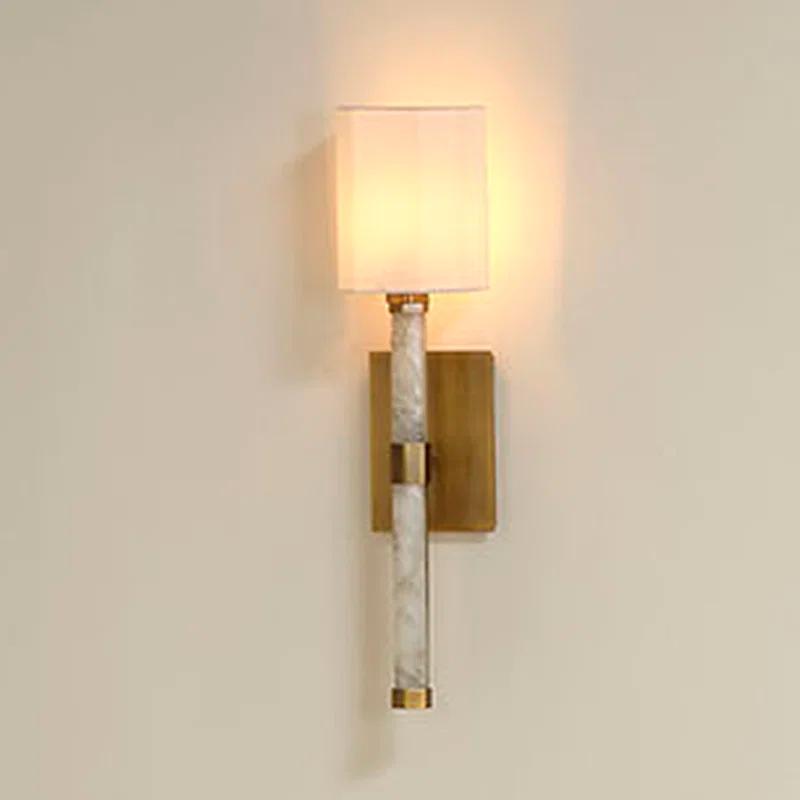 Antique Brass and White Quartz Dimmable Wall Sconce with Linen Shade
