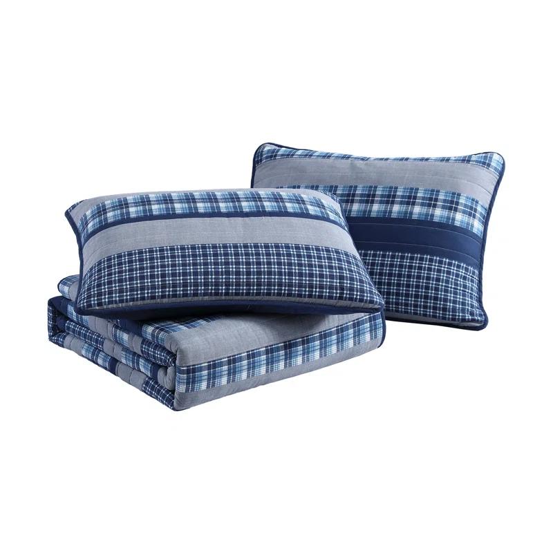 Navy Blue Chambray Solid Reversible Cotton Twin Quilt Set