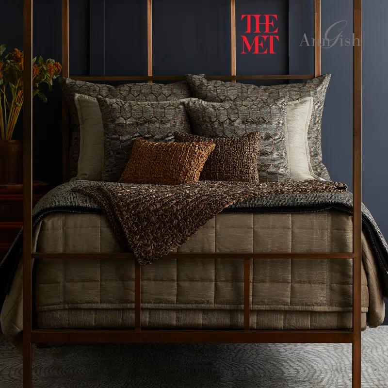 Amber and Taupe Embroidered Linen Cotton Rectangular Pillow
