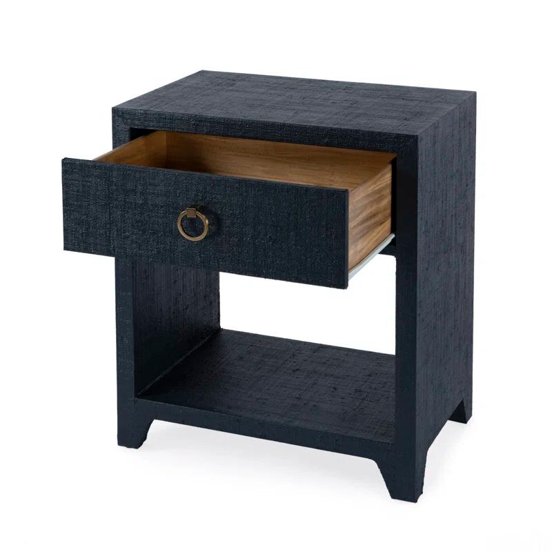 Navy Blue Raffia 1-Drawer Nightstand with Brass Pull