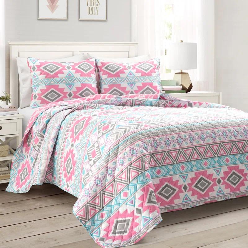 Pink and Turquoise Reversible Microfiber Kids' Full Quilt Set