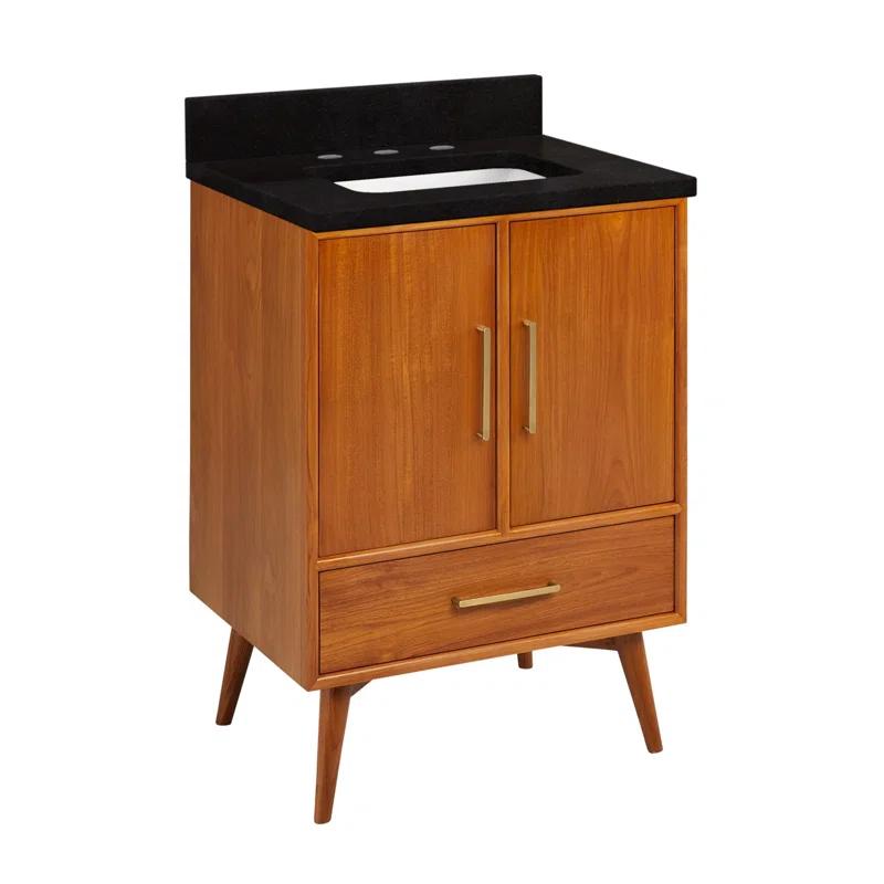 24" Natural Teak Single Bathroom Vanity with Arctic White Quartz Top