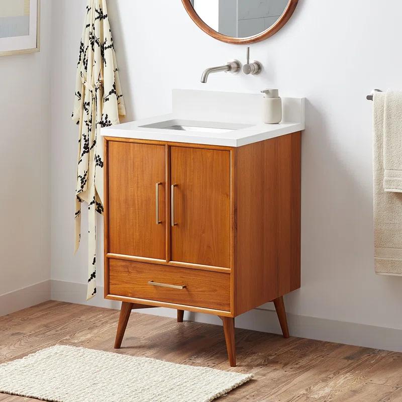 24" Natural Teak Single Bathroom Vanity with Arctic White Quartz Top