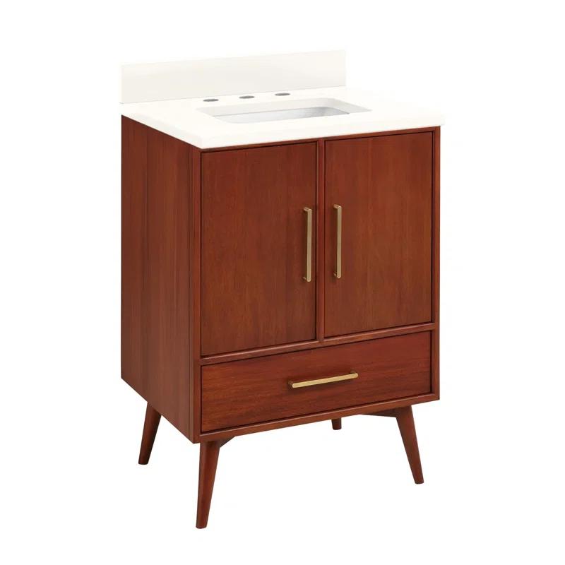 24" Natural Teak Single Bathroom Vanity with Arctic White Quartz Top