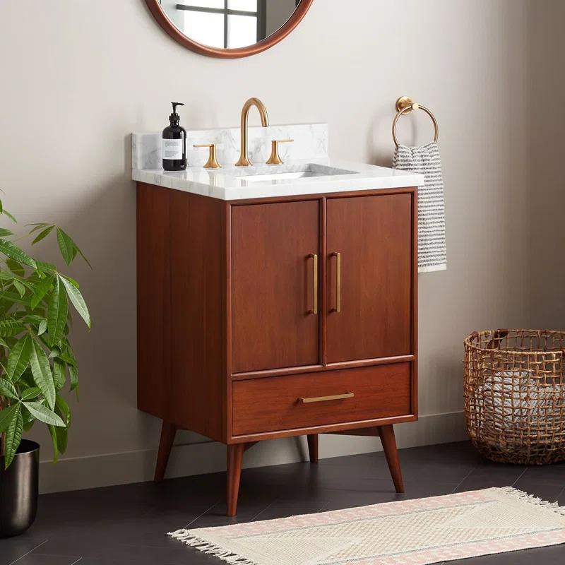 24" Natural Teak Single Bathroom Vanity with Arctic White Quartz Top