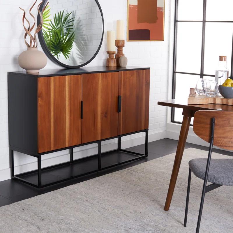 Vance Brown Mahogany 3-Door Sideboard with Black Metal Base