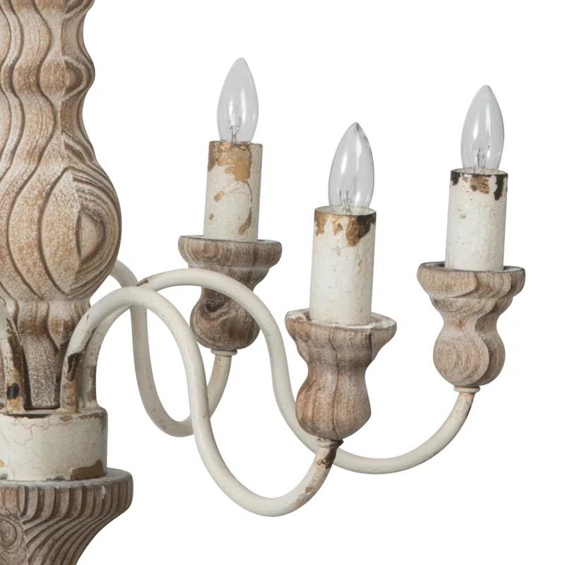 Distressed White and Natural Wood 6-Light Classic Chandelier