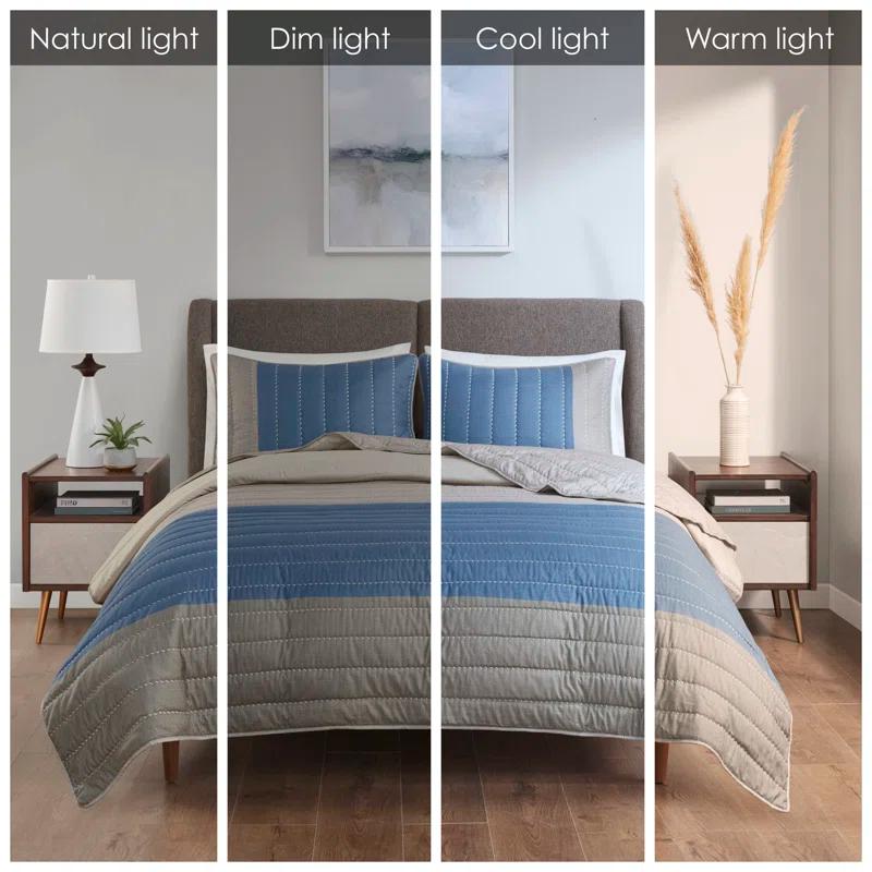 3 Piece Printed Color Blocking Quilt Set
