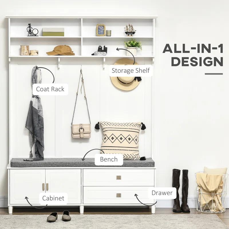 Modern White Hall Tree with Bench and Shoe Storage