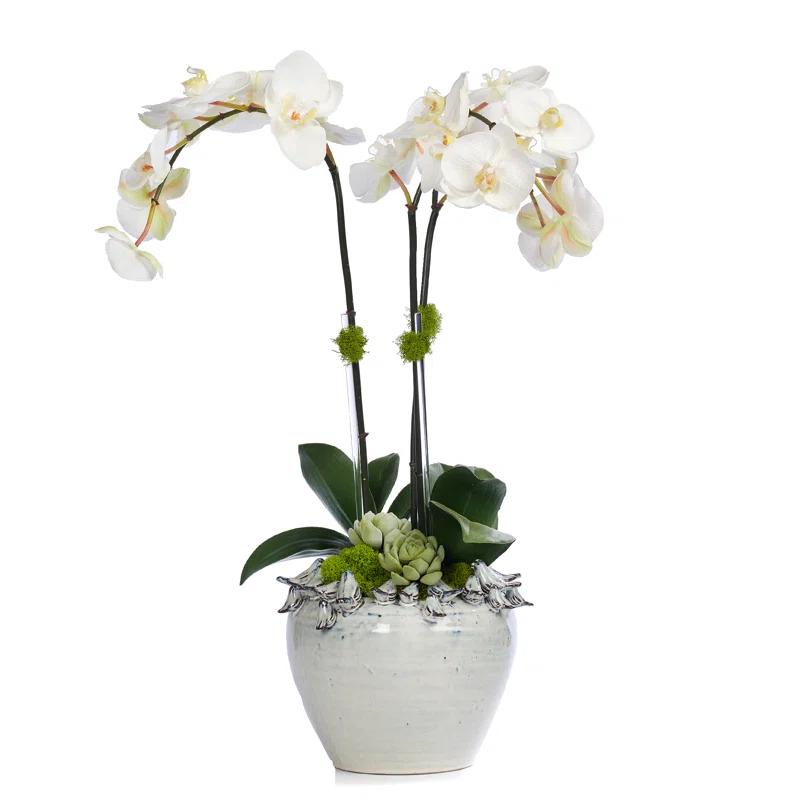 Elegant Tabletop Orchid Faux Floral Arrangement in White Ceramic Pot