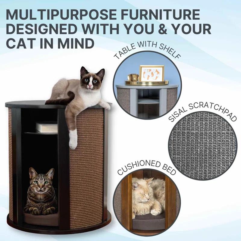 Purrrrfect End Table Cat Bed - Wood Cat Furniture Nightstand, Replaceable Scratch Pad & Cushion