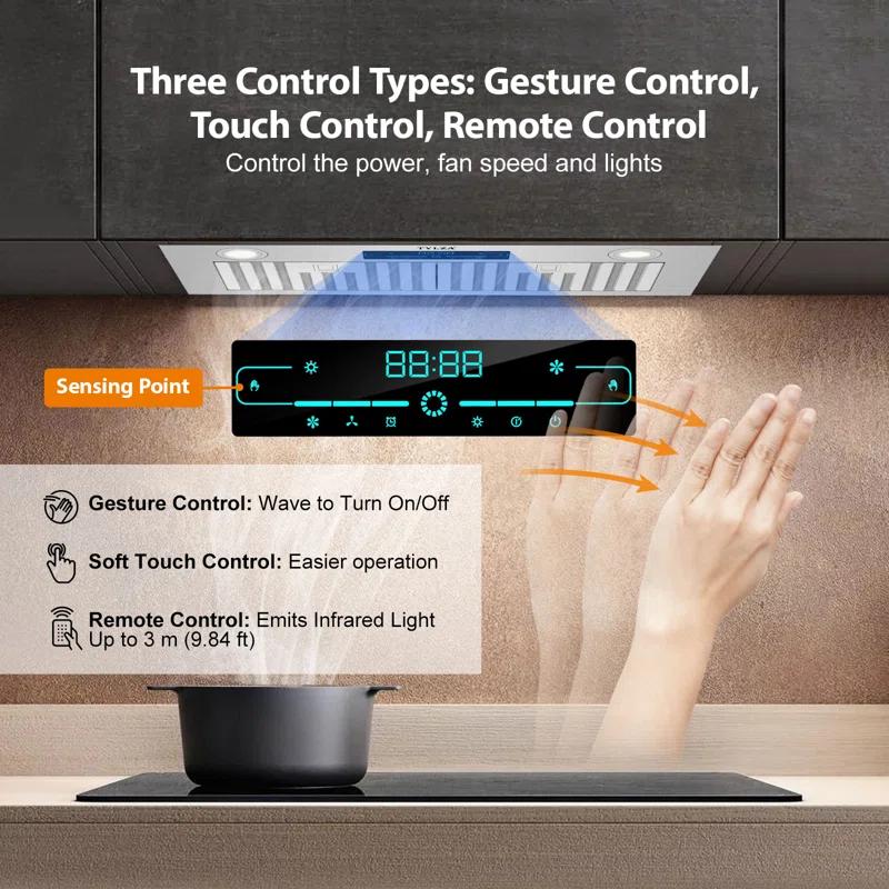 PowerFlow Series 30" 900 CFM Convertible Insert Range Hood Digital Control Panel with Baffle Filter Charcoal Filter and LED Light Stainless Steel Silver