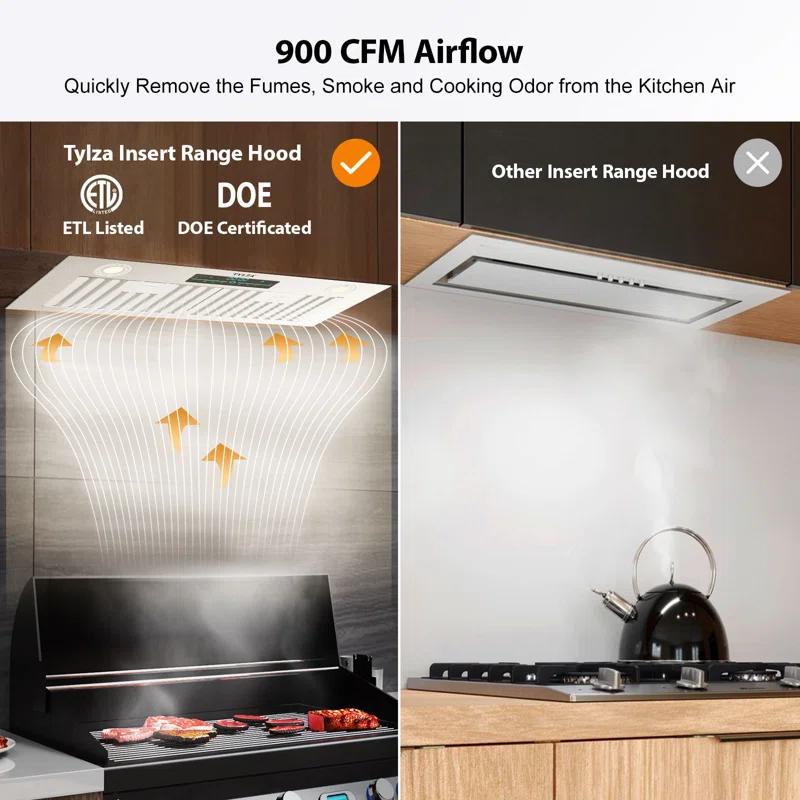 PowerFlow Series 30" 900 CFM Convertible Insert Range Hood Digital Control Panel with Baffle Filter Charcoal Filter and LED Light Stainless Steel Silver