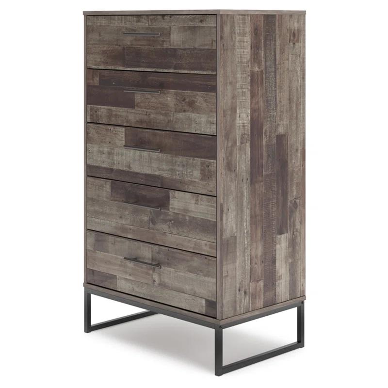 Transitional Neilsville 5-Drawer Chest in Beige/Black with Rustic Finish