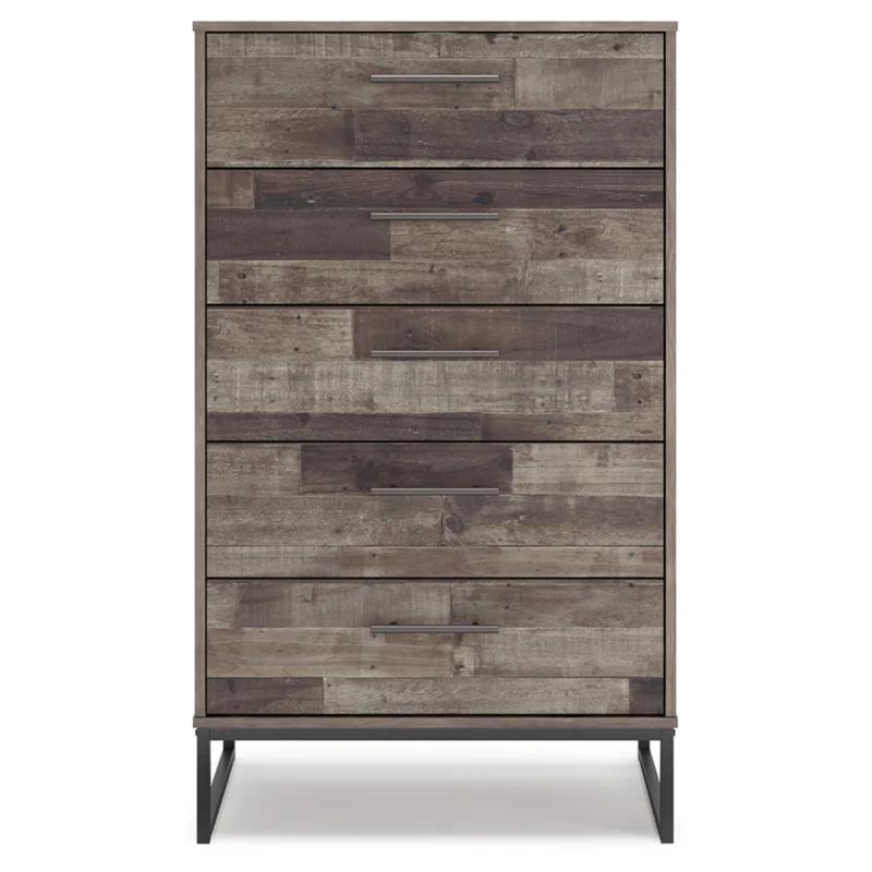 Transitional Neilsville 5-Drawer Chest in Beige/Black with Rustic Finish