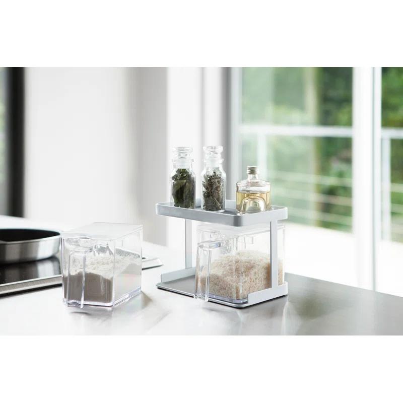 Compact White Wooden Countertop Pantry Canisters with Organizing Rack