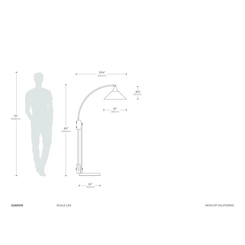 Nova of California Melmar Chairside Arc Floor Lamp - Weathered Brass & Walnut, Dimmer Switch, V-Base