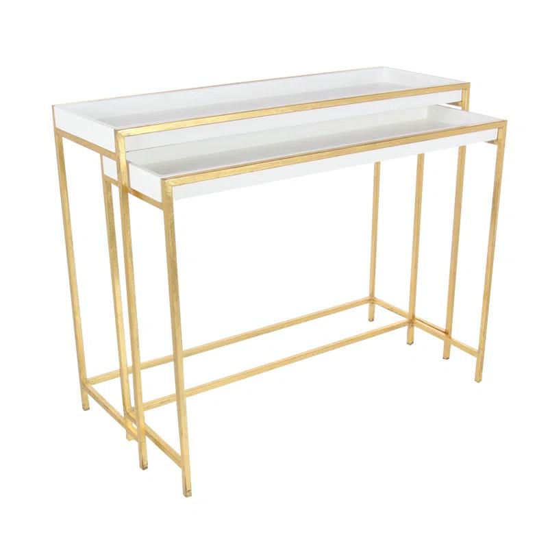 Mercer41 Blaine Wooden Nesting Tray Top Geometric Side End White Accent Table with Gold Metal Legs Set
