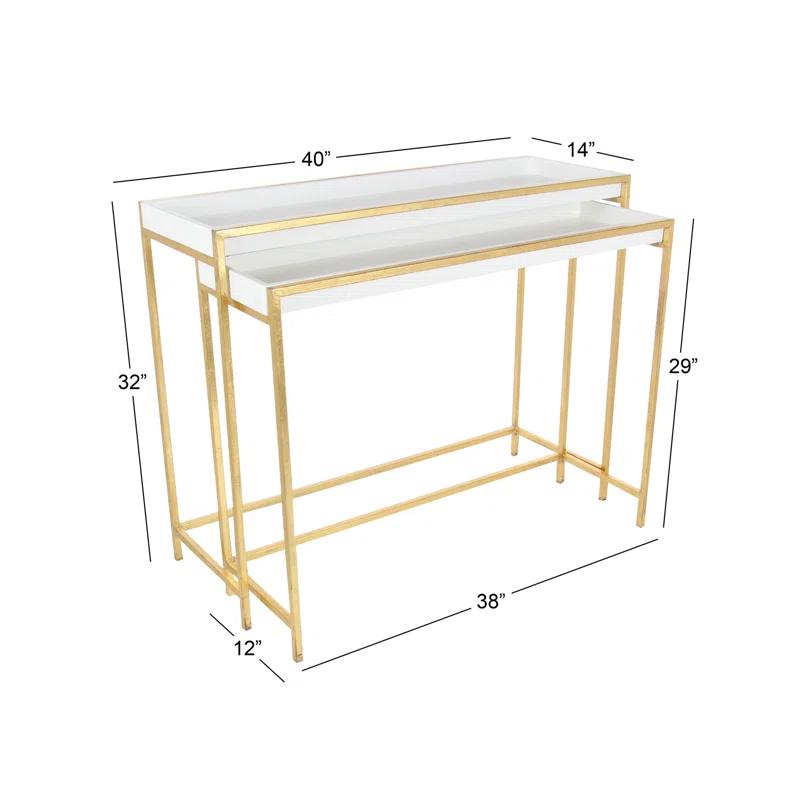 Mercer41 Blaine Wooden Nesting Tray Top Geometric Side End White Accent Table with Gold Metal Legs Set