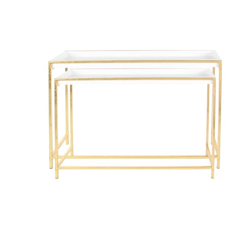 Mercer41 Blaine Wooden Nesting Tray Top Geometric Side End White Accent Table with Gold Metal Legs Set