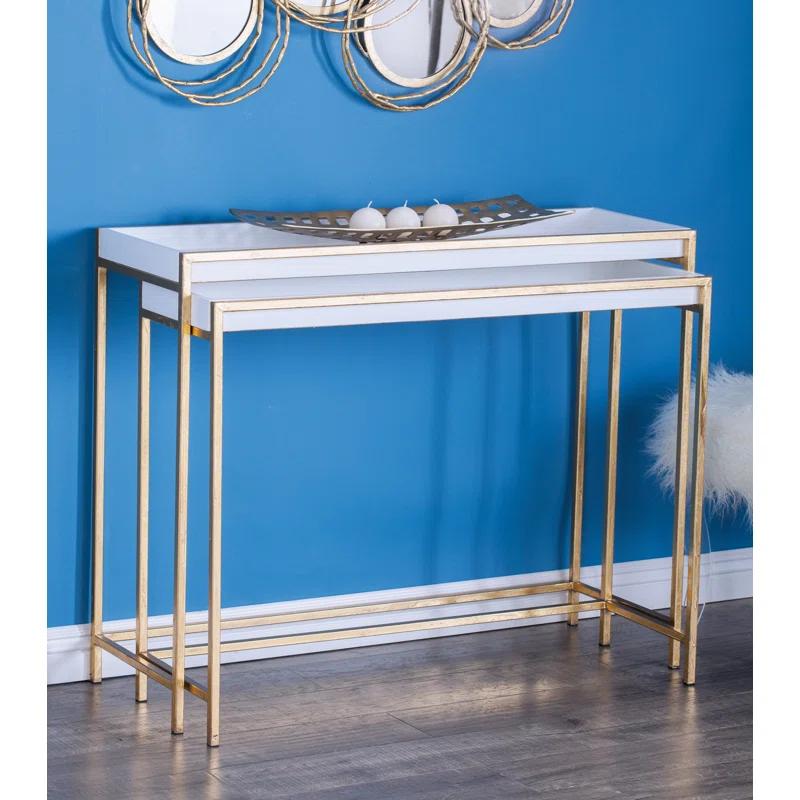 Mercer41 Blaine Wooden Nesting Tray Top Geometric Side End White Accent Table with Gold Metal Legs Set