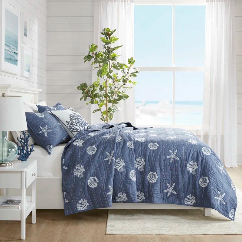 Coastal Navy Cotton King Quilt Set with Reversible Embroidery