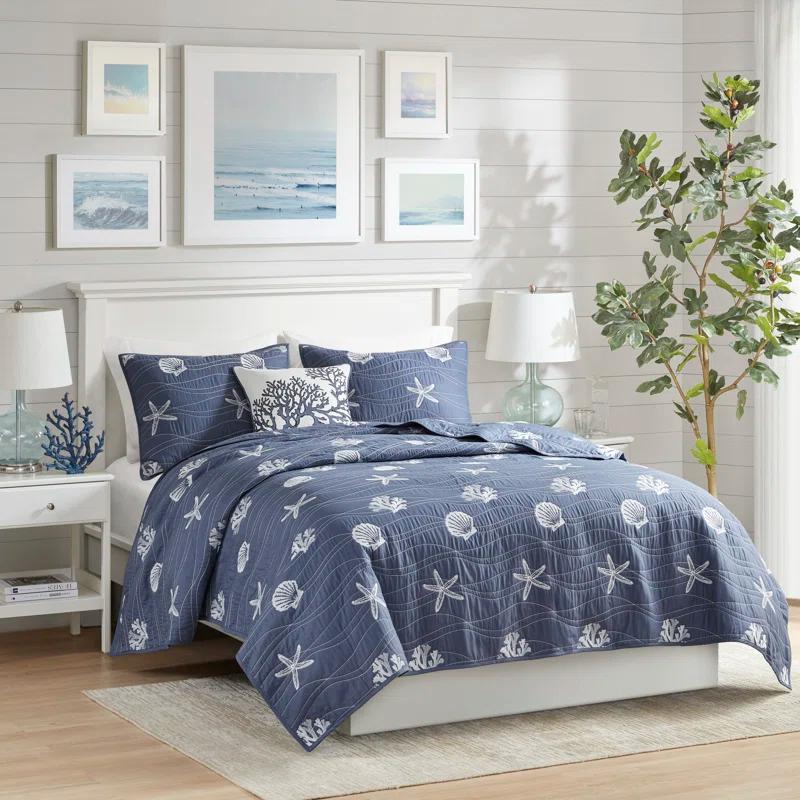 Coastal Navy Cotton King Quilt Set with Reversible Embroidery