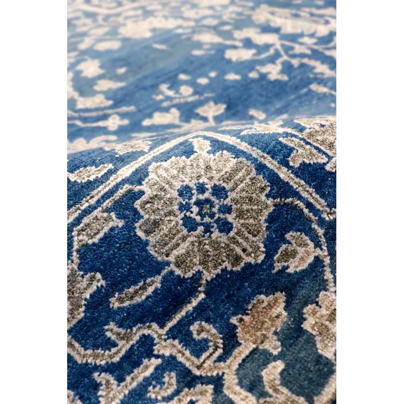 Hand-Knotted Blue Wool and Viscose Rectangular Rug