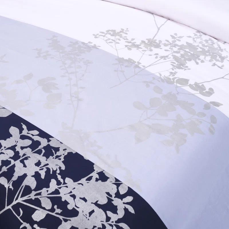 Full/Queen Blue Cotton Sateen Duvet Cover Set with Leaf Pattern