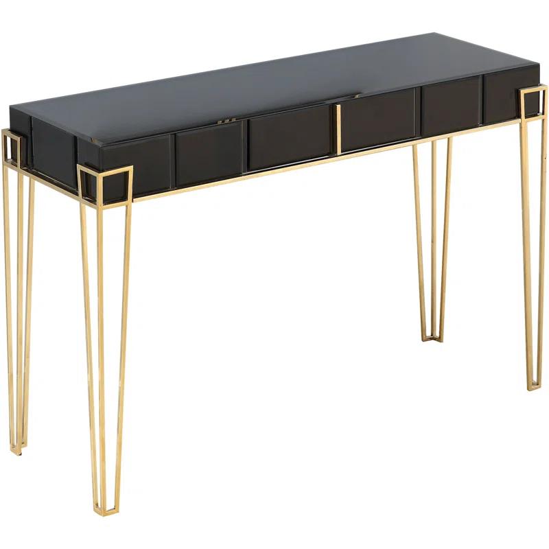 Elegant Black and Gold Mirrored Console Table with Storage