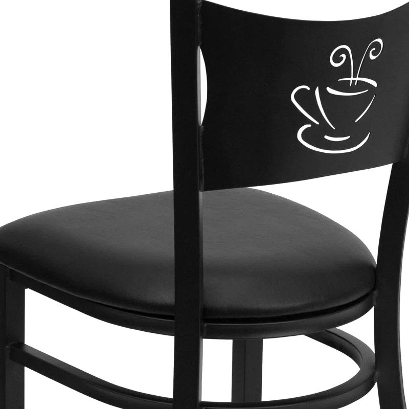 Chic Black Vinyl and Metal High Back Side Chair with Decorative Cutout