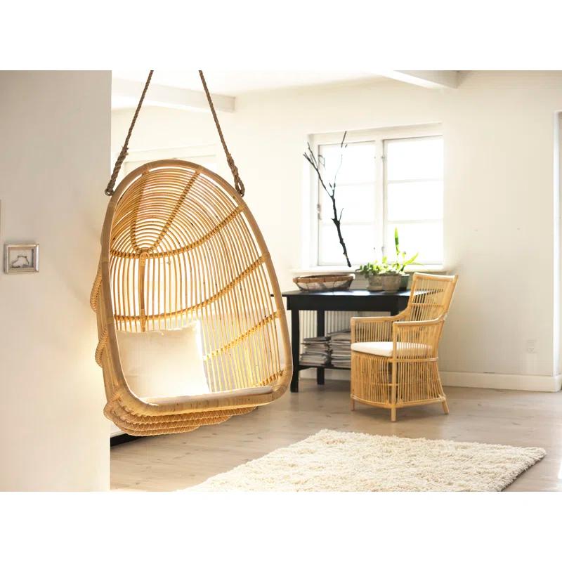 Natural Rattan Hanging Swing Chair with White Canvas Cushion