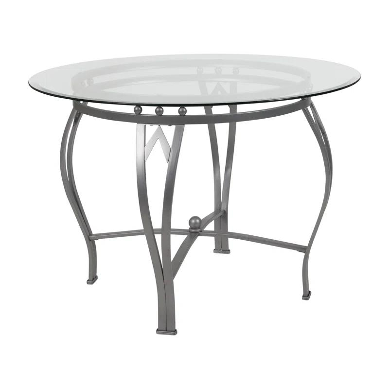Elegant 42'' Round Silver Metal Frame Glass Dining Table