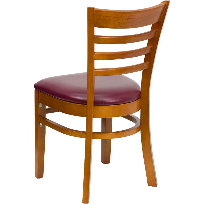 Cherry Wood & Burgundy Vinyl Upholstered Ladderback Side Chair