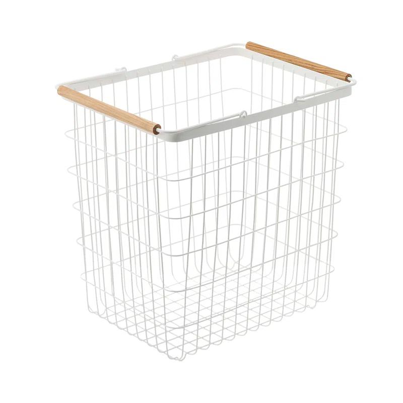 Scandinavian White Steel Collapsible Hamper with Ash Wood Handles and Wheels
