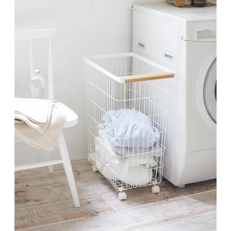 Scandinavian Minimalist Rolling Laundry Hamper in White Steel with Ash Wood Handles