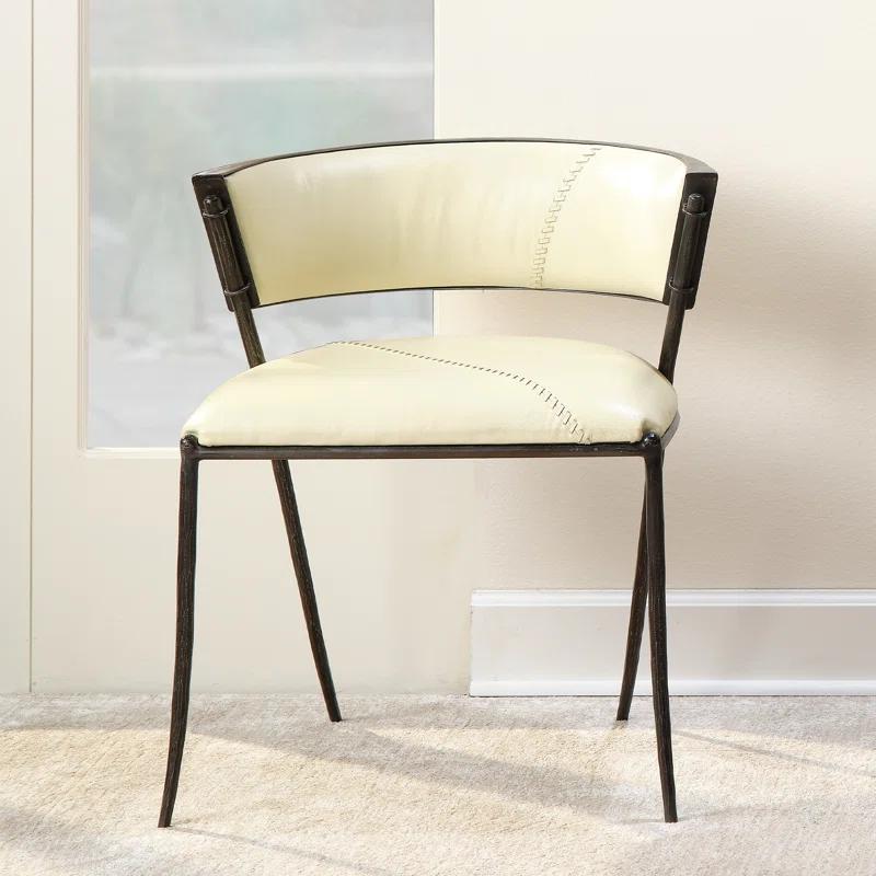 Scandinavian Cream Leather Barrel Chair with Iron Saber Legs
