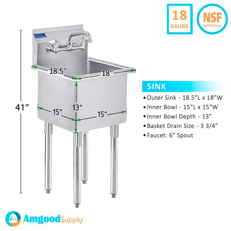 Stainless Steel Utility Sink with Faucet (Bowl Size: 15" X 15"). Restaurant, Kitchen, Laundry. NSF
