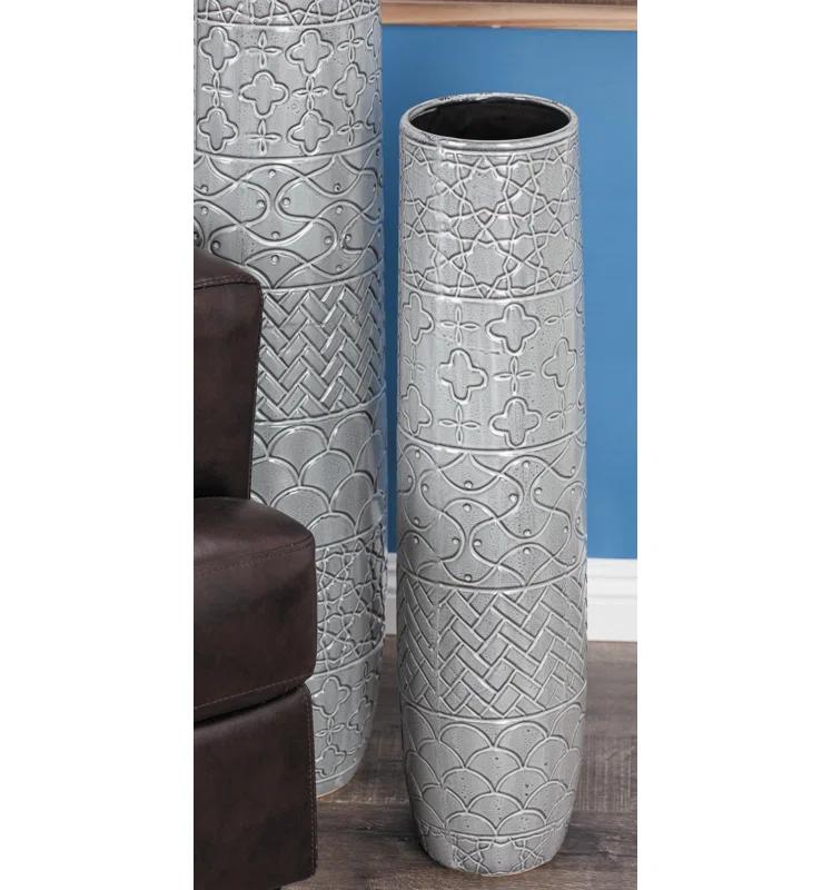 Bungalow Rose Ceramic Slim Engraved Patterned Decorative Gray Vase